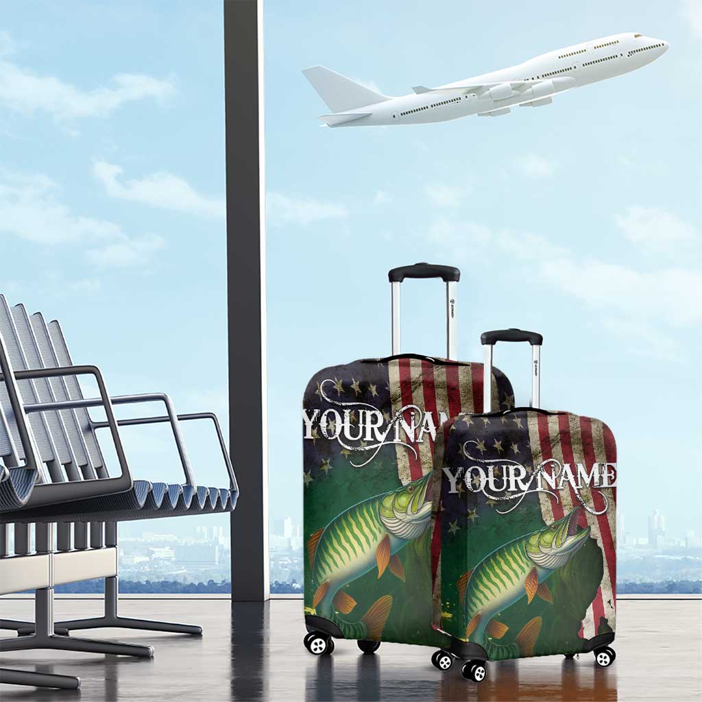 Musky Fishing Design Luggage Cover with American Flag Background and Custom Name Print TS04