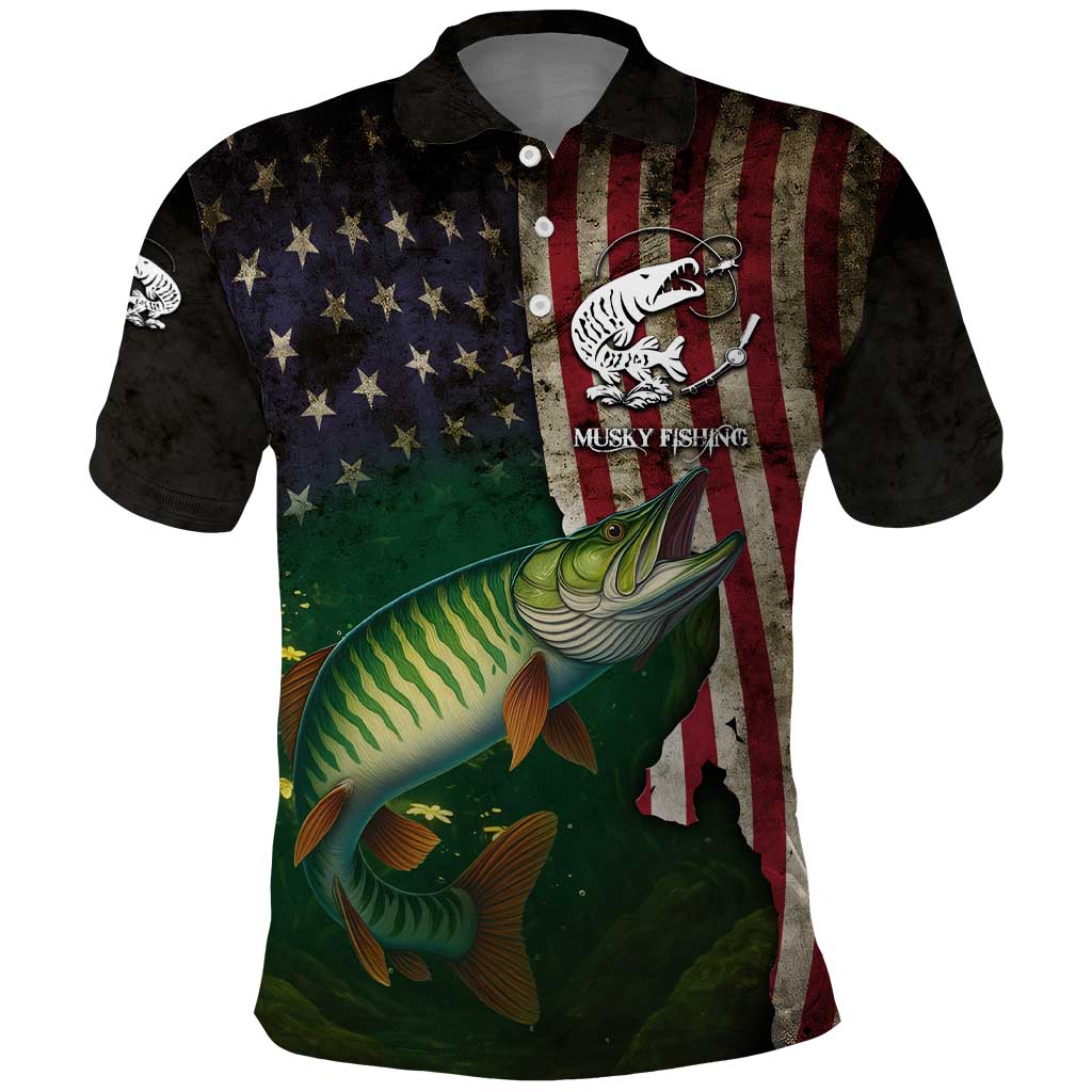 Musky Fishing Design Polo Shirt with American Flag Background and Custom Name Print TS04