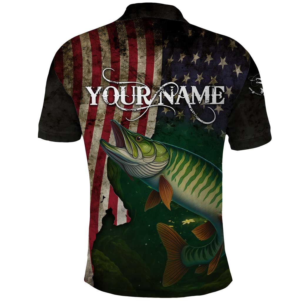 Musky Fishing Design Polo Shirt with American Flag Background and Custom Name Print TS04