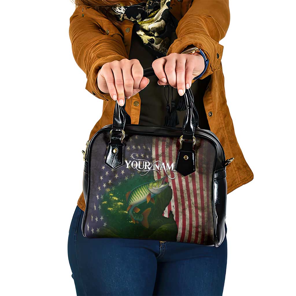 Musky Fishing Design Shoulder Handbag with American Flag Background and Custom Name Print TS04
