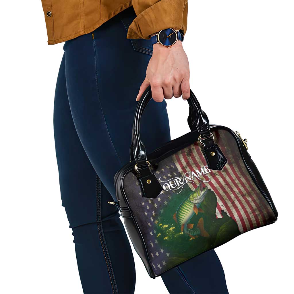 Musky Fishing Design Shoulder Handbag with American Flag Background and Custom Name Print TS04