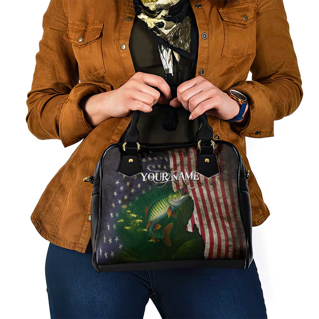Musky Fishing Design Shoulder Handbag with American Flag Background and Custom Name Print TS04