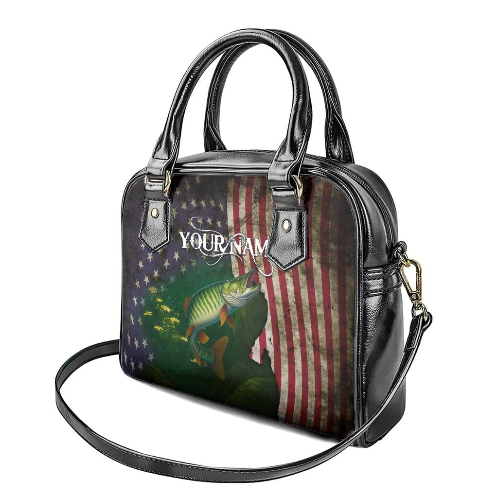 Musky Fishing Design Shoulder Handbag with American Flag Background and Custom Name Print TS04