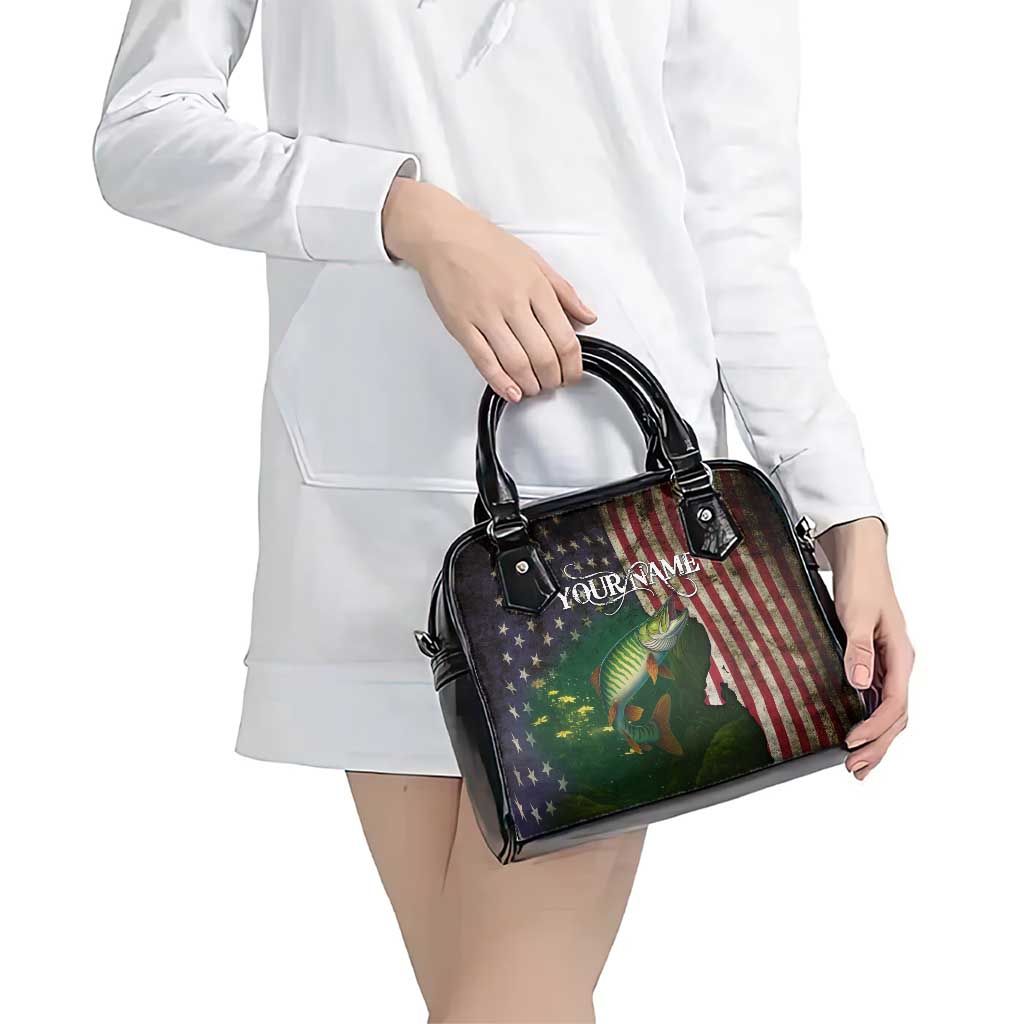 Musky Fishing Design Shoulder Handbag with American Flag Background and Custom Name Print TS04