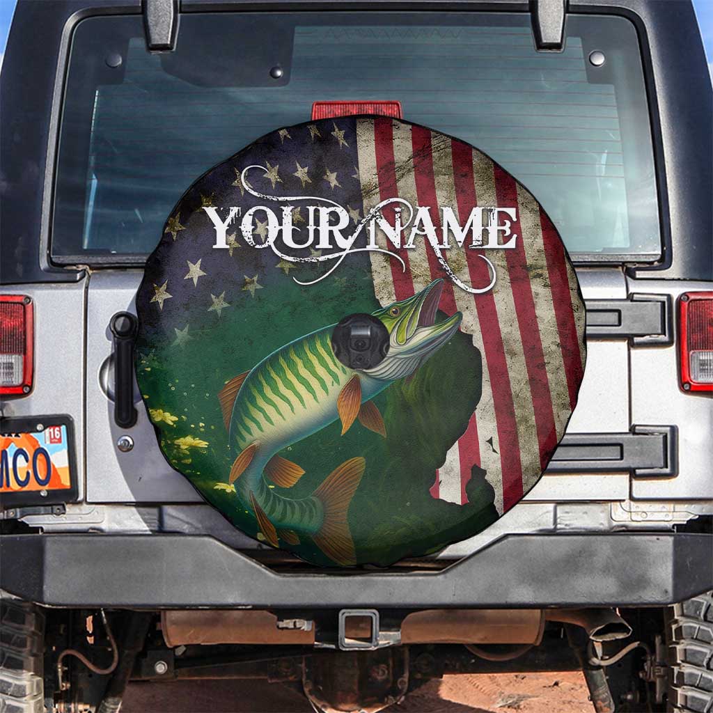 Musky Fishing Design Spare Tire Cover with American Flag Background and Custom Name Print TS04