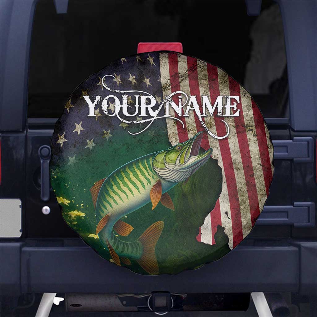 Musky Fishing Design Spare Tire Cover with American Flag Background and Custom Name Print TS04