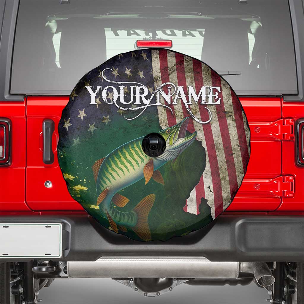 Musky Fishing Design Spare Tire Cover with American Flag Background and Custom Name Print TS04