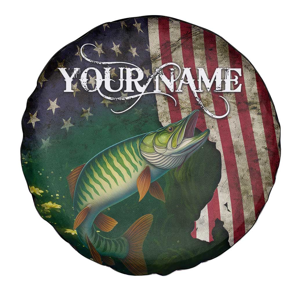 Musky Fishing Design Spare Tire Cover with American Flag Background and Custom Name Print TS04