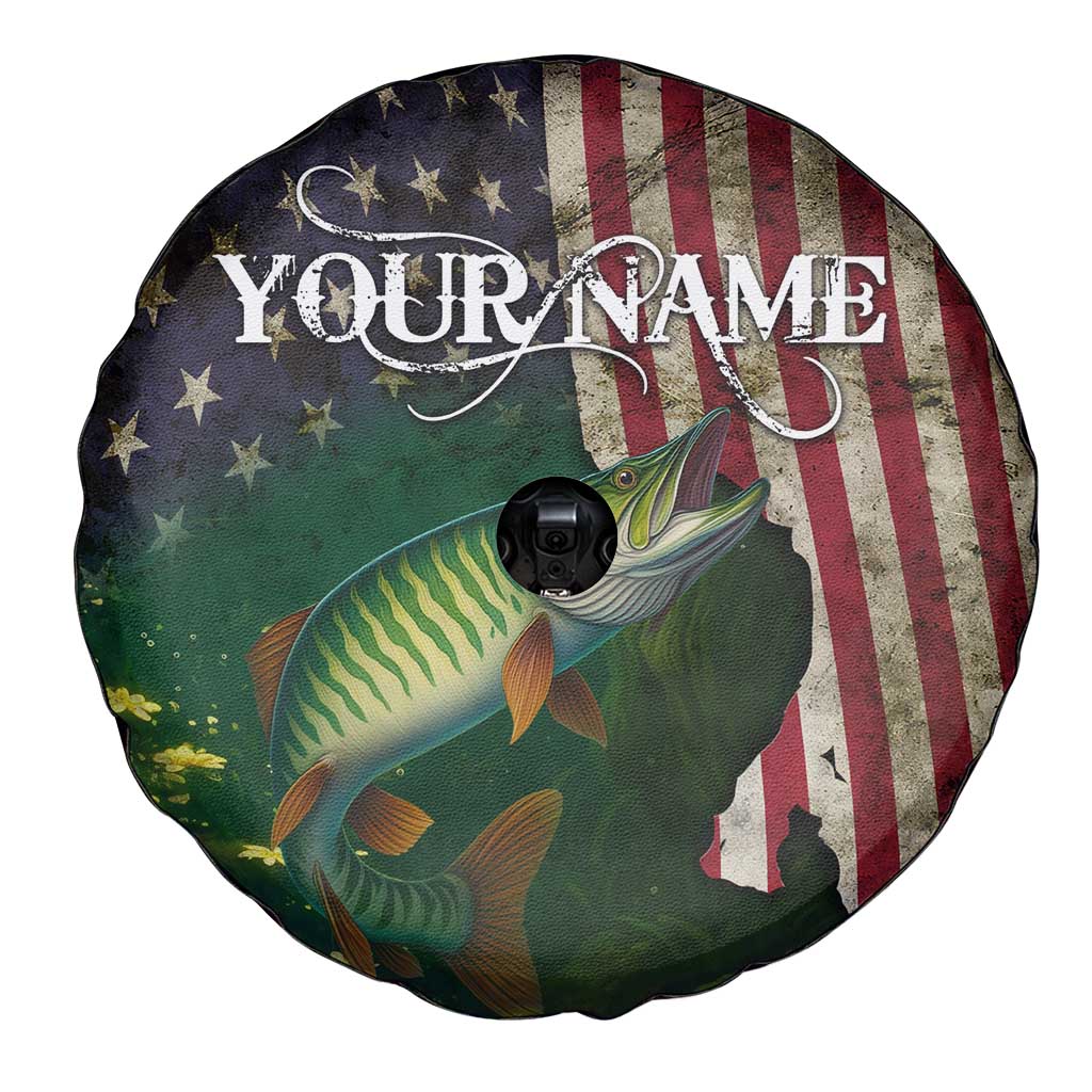 Musky Fishing Design Spare Tire Cover with American Flag Background and Custom Name Print TS04