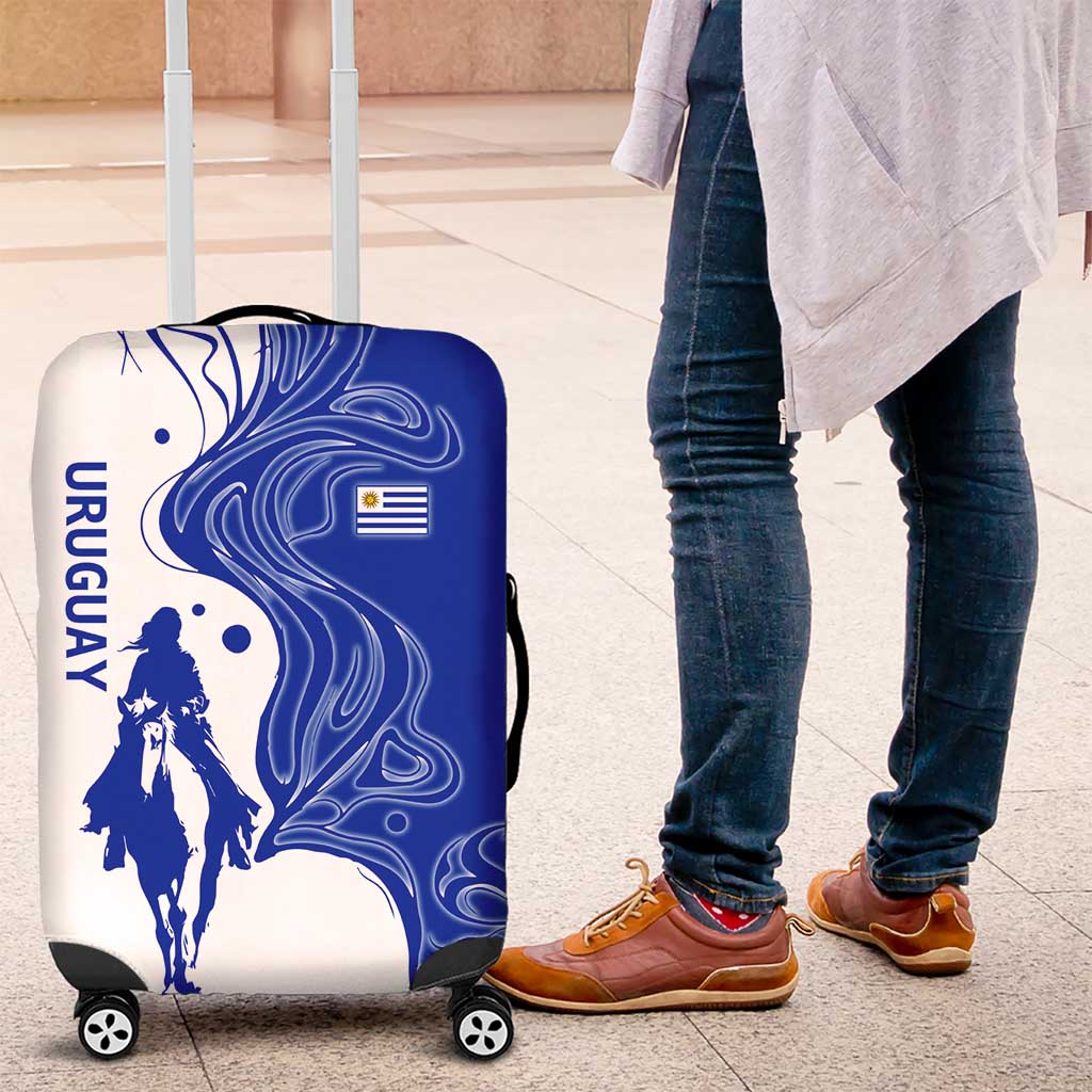 Uruguay Luggage Cover with Gaucho Rider Illustration Blue White Swirl TS04