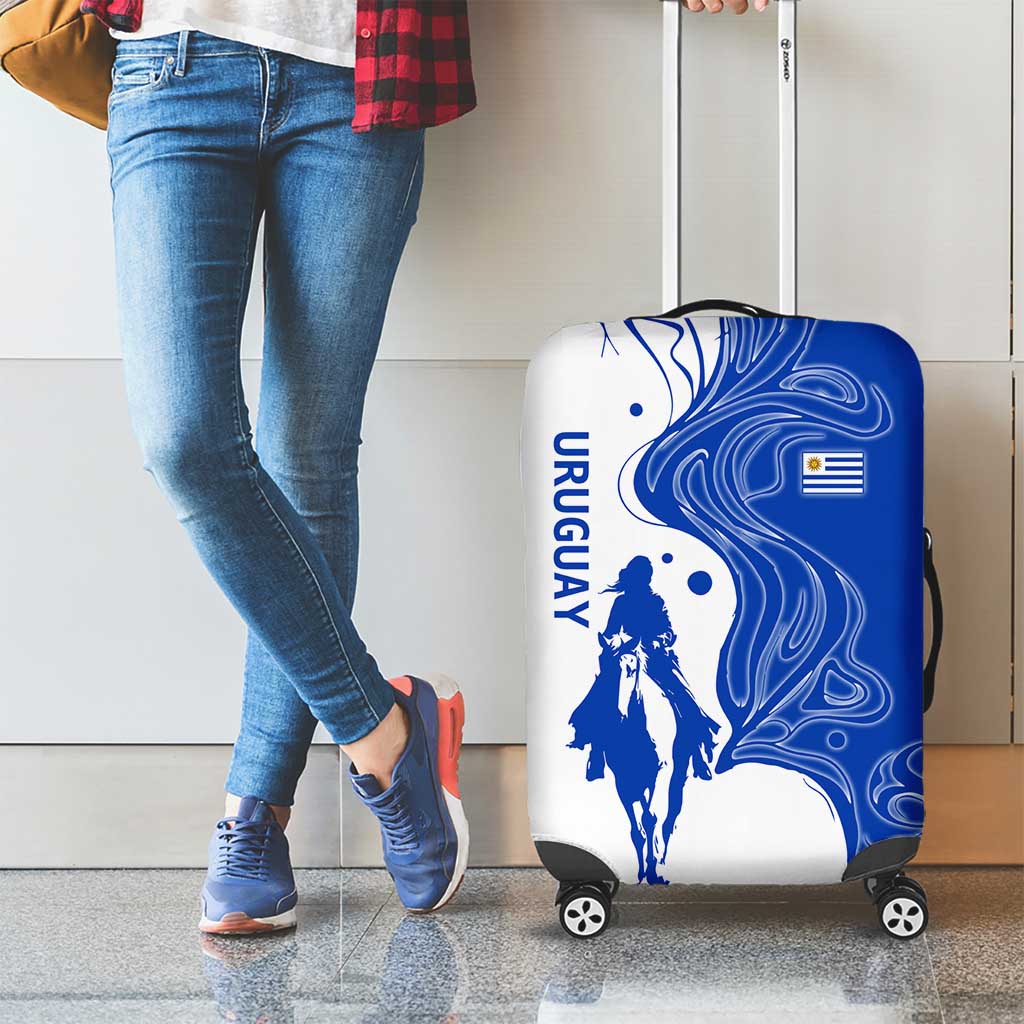 Uruguay Luggage Cover with Gaucho Rider Illustration Blue White Swirl TS04
