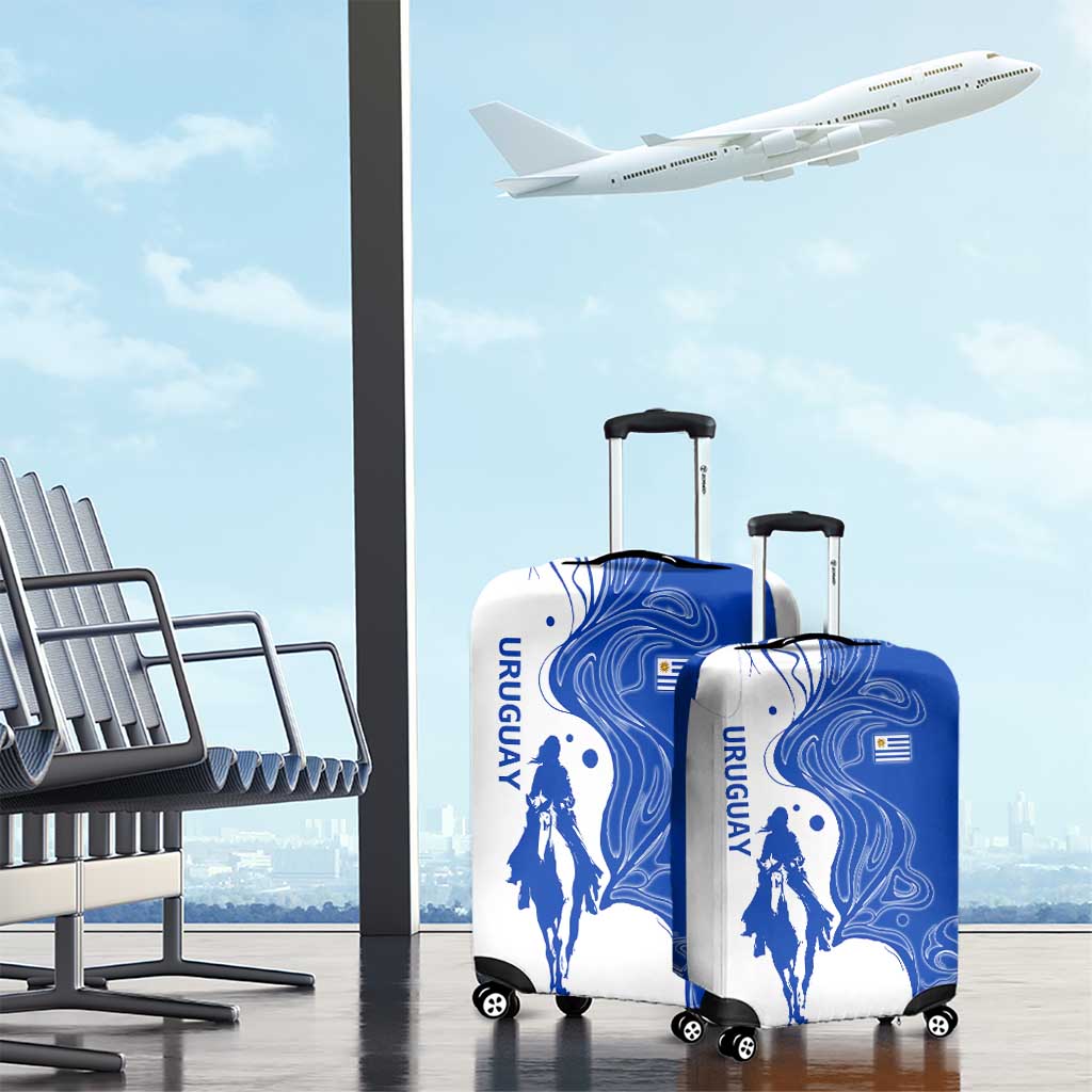 Uruguay Luggage Cover with Gaucho Rider Illustration Blue White Swirl TS04