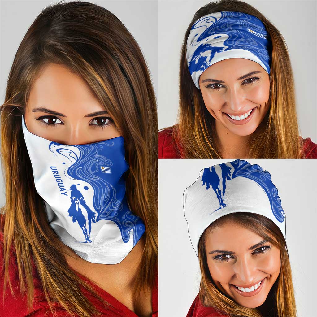 Uruguay Neck Gaiter with Gaucho Rider Illustration Blue White Swirl TS04