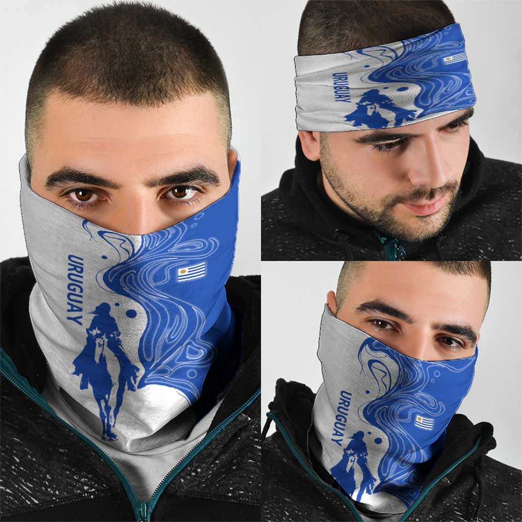 Uruguay Neck Gaiter with Gaucho Rider Illustration Blue White Swirl TS04