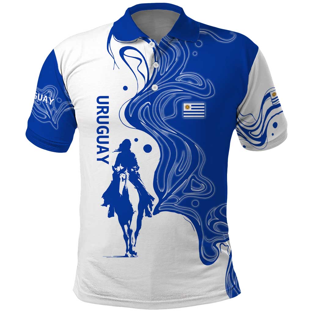 Uruguay Polo Shirt with Gaucho Rider Illustration Blue White Swirl TS04