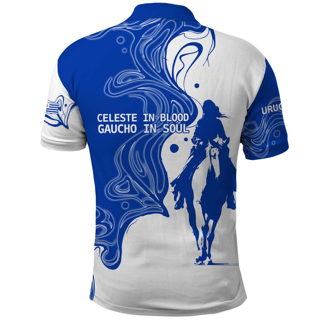 Uruguay Polo Shirt with Gaucho Rider Illustration Blue White Swirl TS04