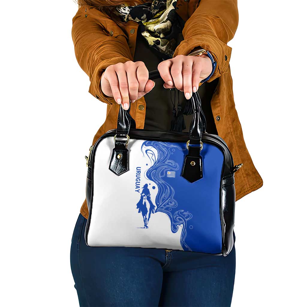 Uruguay Shoulder Handbag with Gaucho Rider Illustration Blue White Swirl TS04