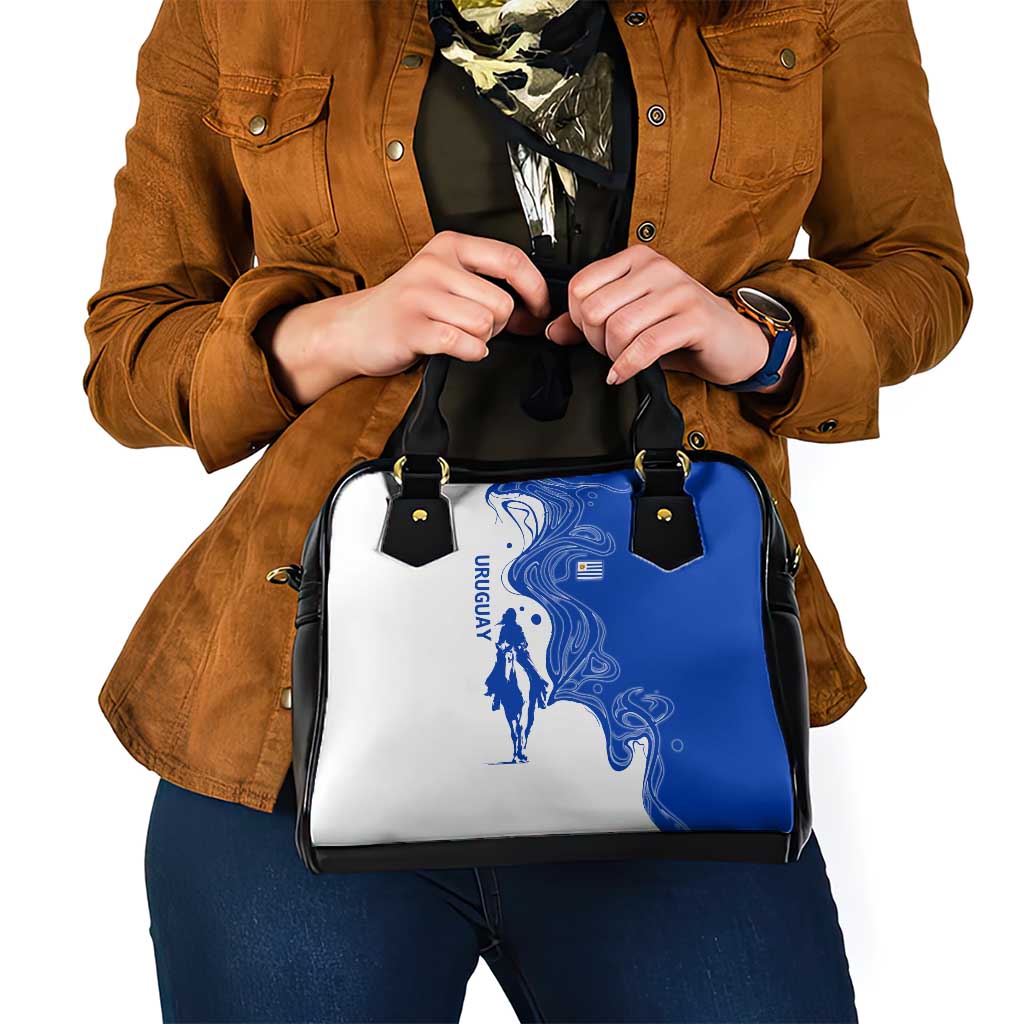 Uruguay Shoulder Handbag with Gaucho Rider Illustration Blue White Swirl TS04