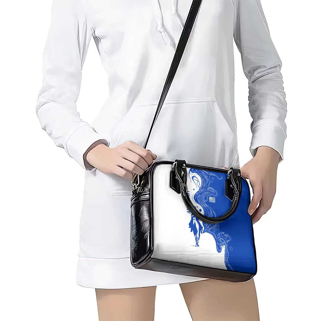 Uruguay Shoulder Handbag with Gaucho Rider Illustration Blue White Swirl TS04