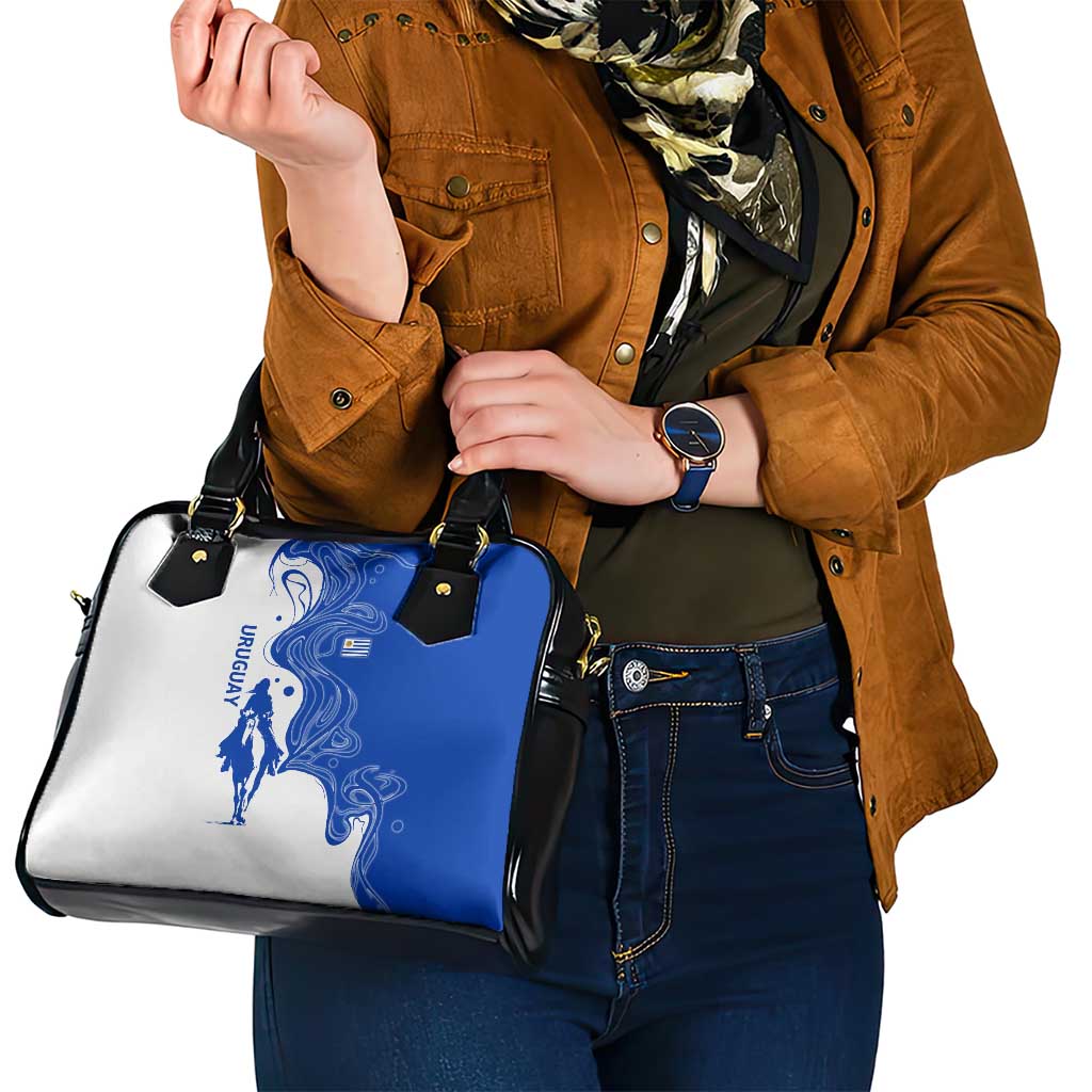 Uruguay Shoulder Handbag with Gaucho Rider Illustration Blue White Swirl TS04
