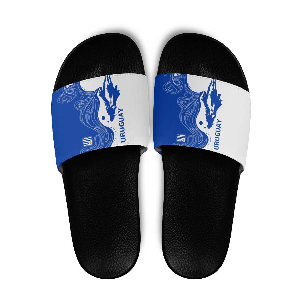 Uruguay Slide Sandals with Gaucho Rider Illustration Blue White Swirl TS04