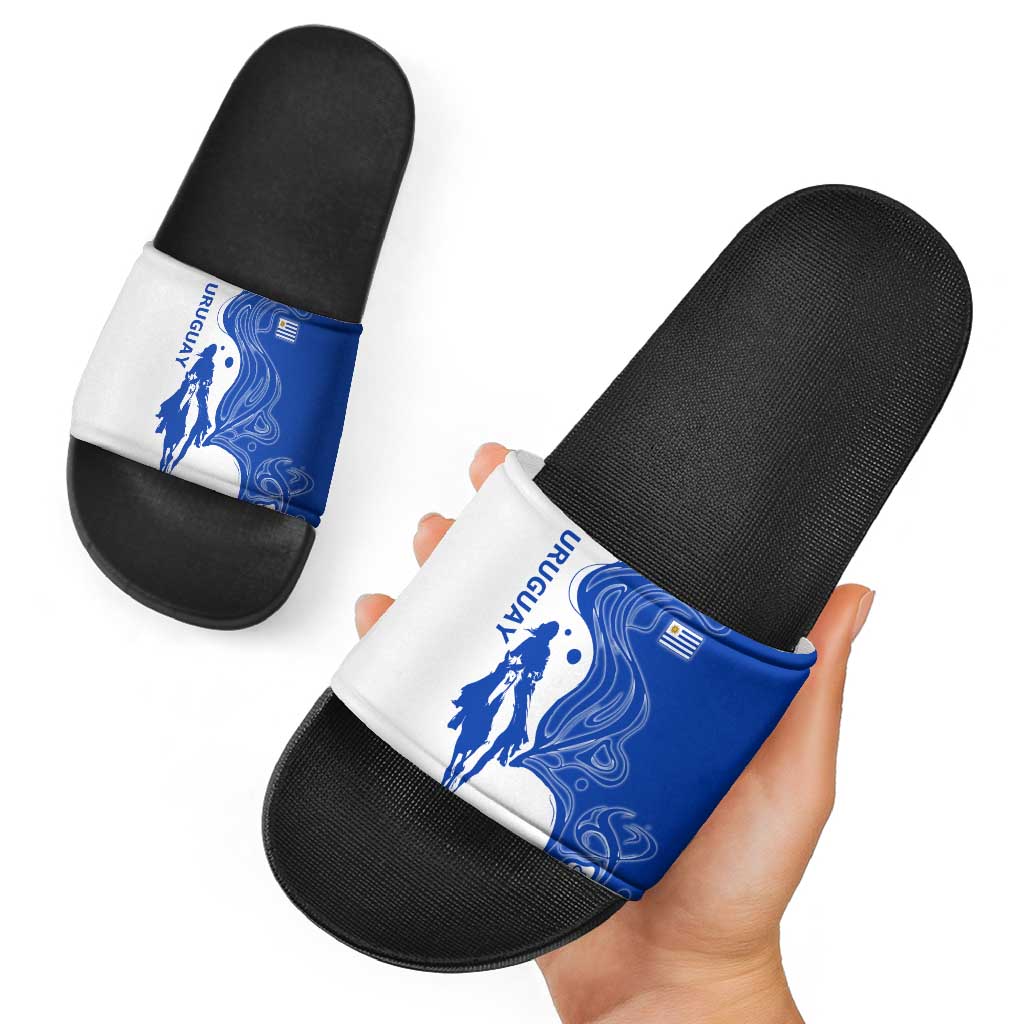 Uruguay Slide Sandals with Gaucho Rider Illustration Blue White Swirl TS04