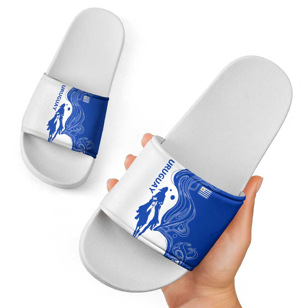 Uruguay Slide Sandals with Gaucho Rider Illustration Blue White Swirl TS04