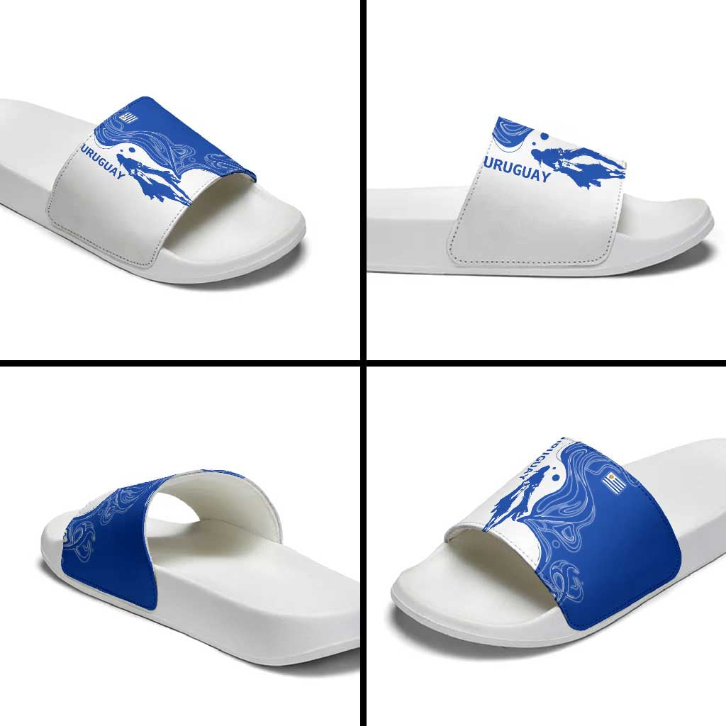 Uruguay Slide Sandals with Gaucho Rider Illustration Blue White Swirl TS04