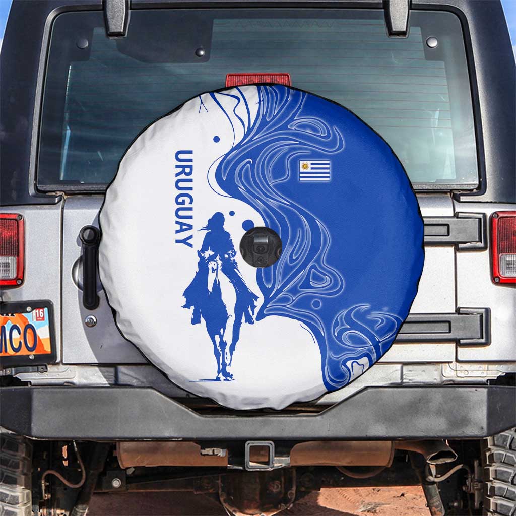 Uruguay Spare Tire Cover with Gaucho Rider Illustration Blue White Swirl TS04