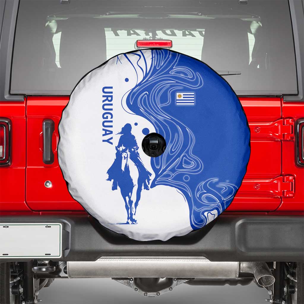 Uruguay Spare Tire Cover with Gaucho Rider Illustration Blue White Swirl TS04