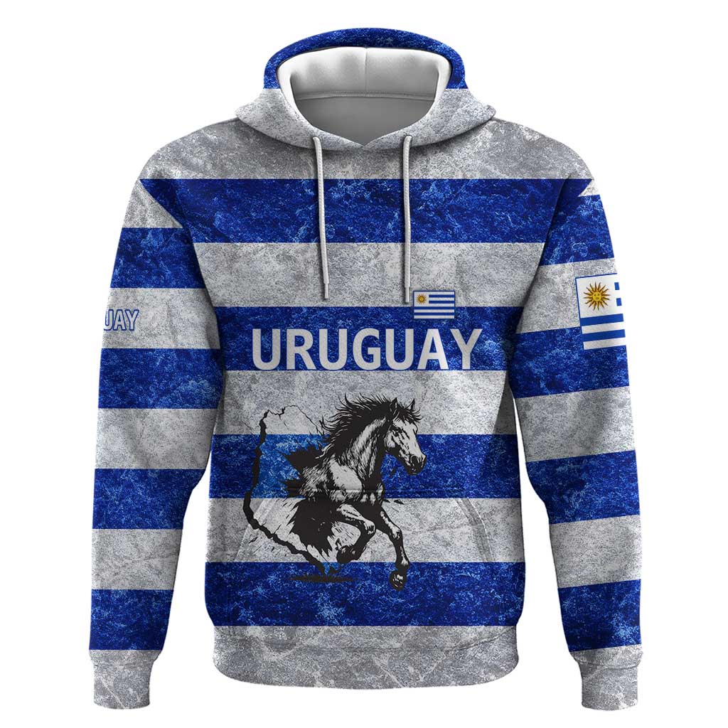 Uruguay Hoodie with Wild Horse Illustration Blue Gray Striped TS04