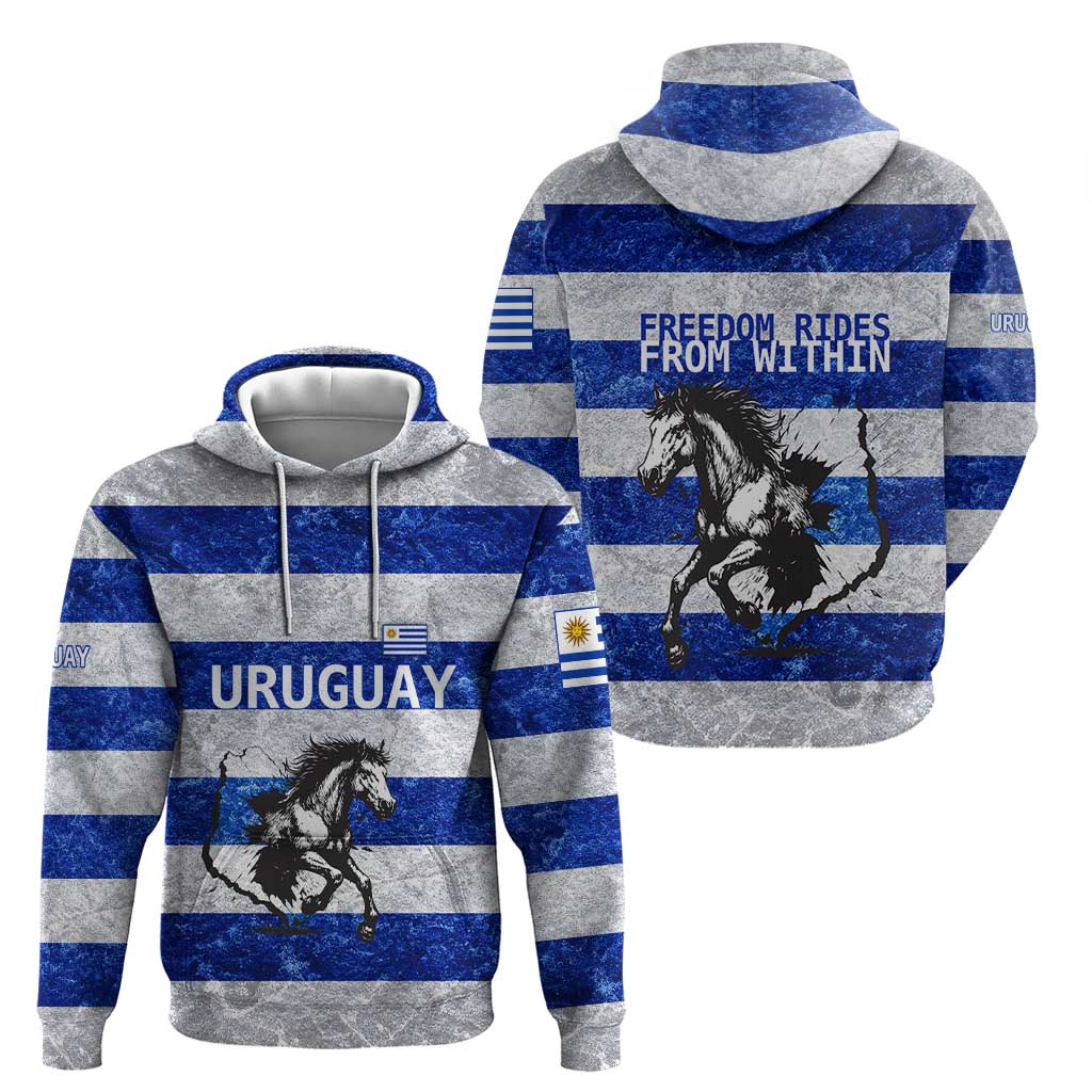Uruguay Hoodie with Wild Horse Illustration Blue Gray Striped TS04