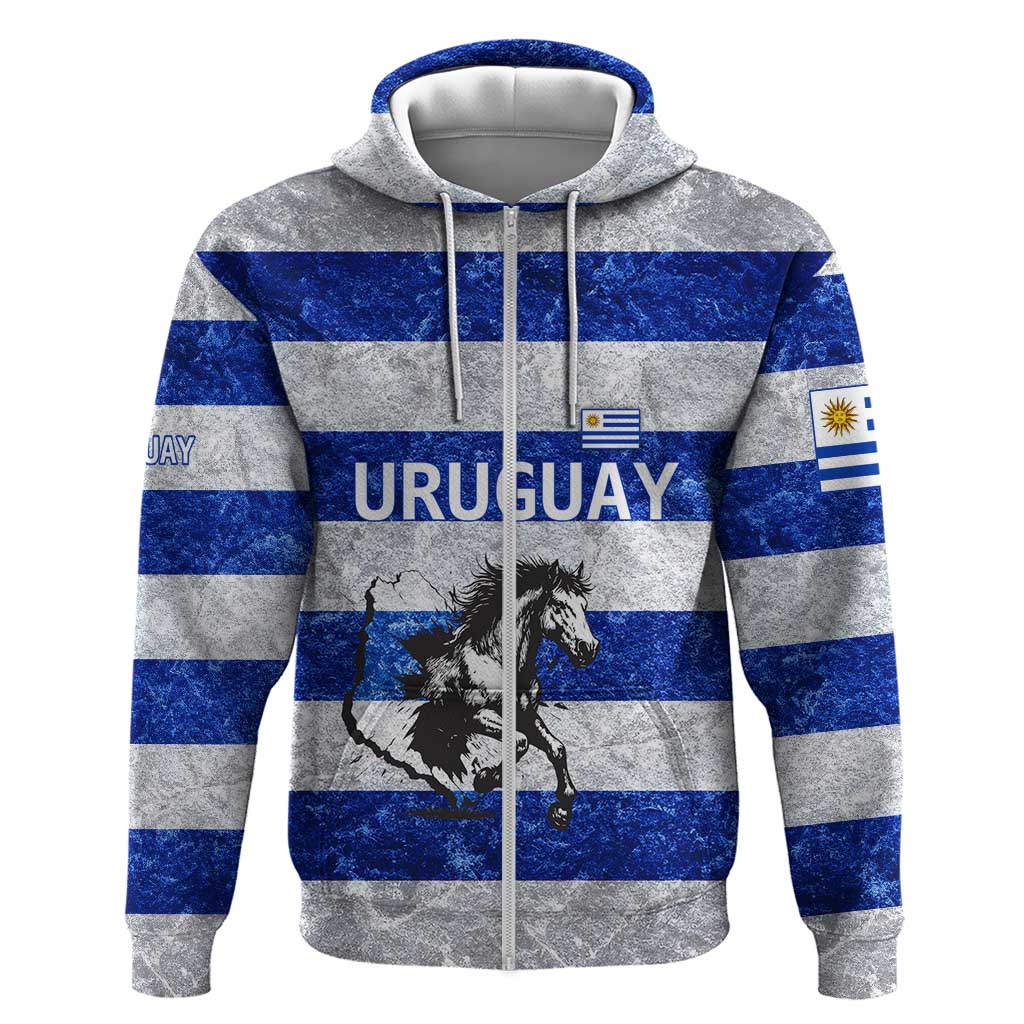 Uruguay Hoodie with Wild Horse Illustration Blue Gray Striped TS04