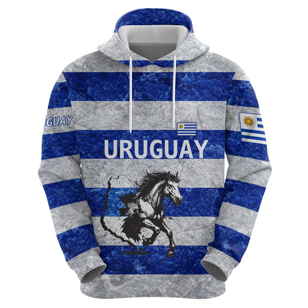 Uruguay Hoodie with Wild Horse Illustration Blue Gray Striped TS04