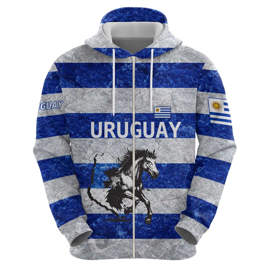 Uruguay Hoodie with Wild Horse Illustration Blue Gray Striped TS04