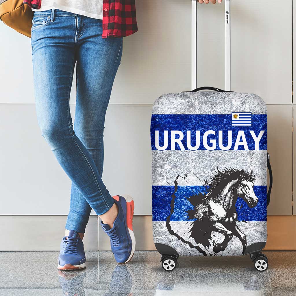 Uruguay Luggage Cover with Wild Horse Illustration Blue Gray Striped TS04