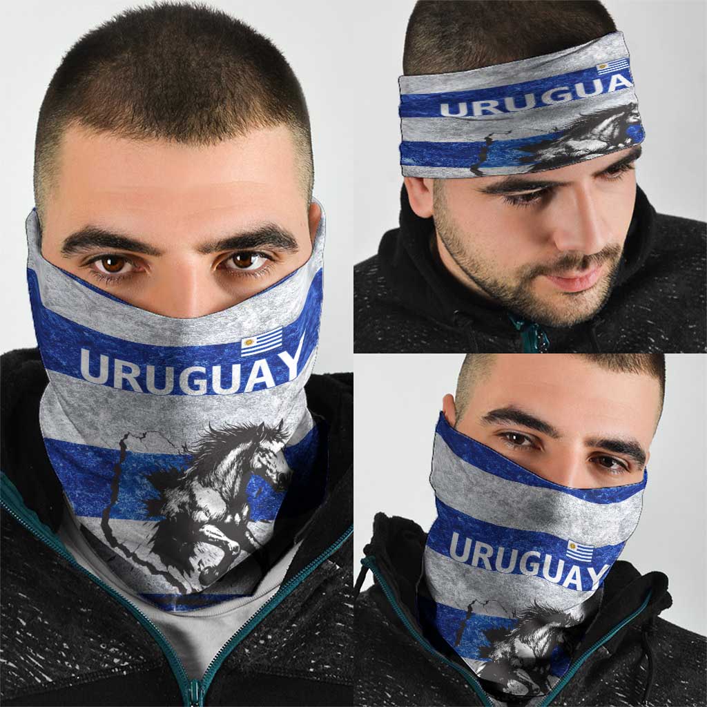 Uruguay Neck Gaiter with Wild Horse Illustration Blue Gray Striped TS04