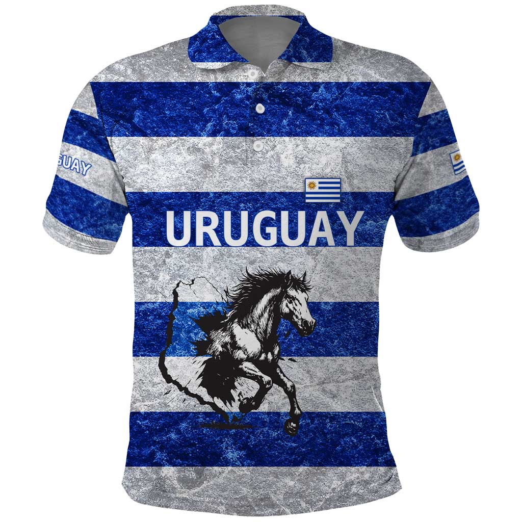Uruguay Polo Shirt with Wild Horse Illustration Blue Gray Striped TS04