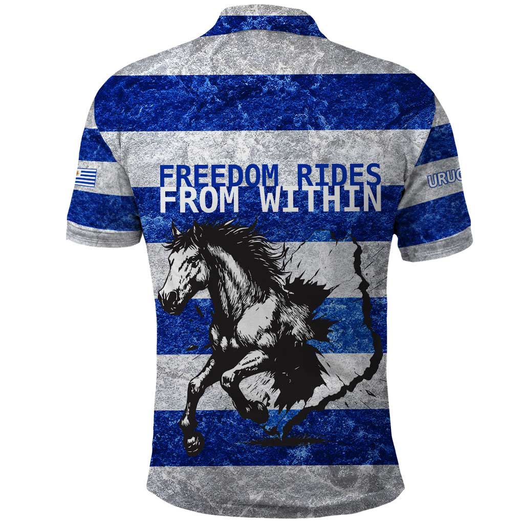 Uruguay Polo Shirt with Wild Horse Illustration Blue Gray Striped TS04