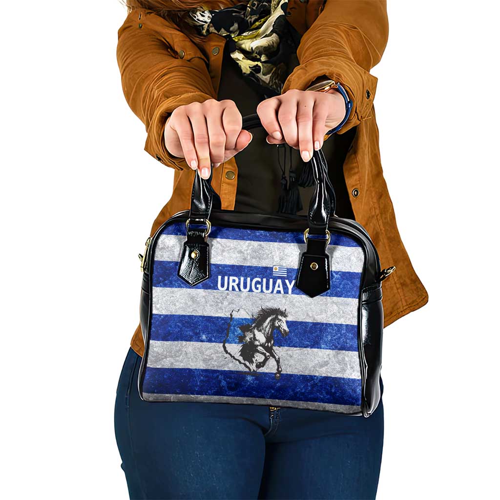 Uruguay Shoulder Handbag with Wild Horse Illustration Blue Gray Striped TS04