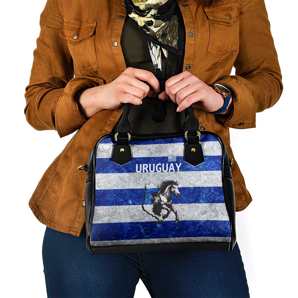 Uruguay Shoulder Handbag with Wild Horse Illustration Blue Gray Striped TS04