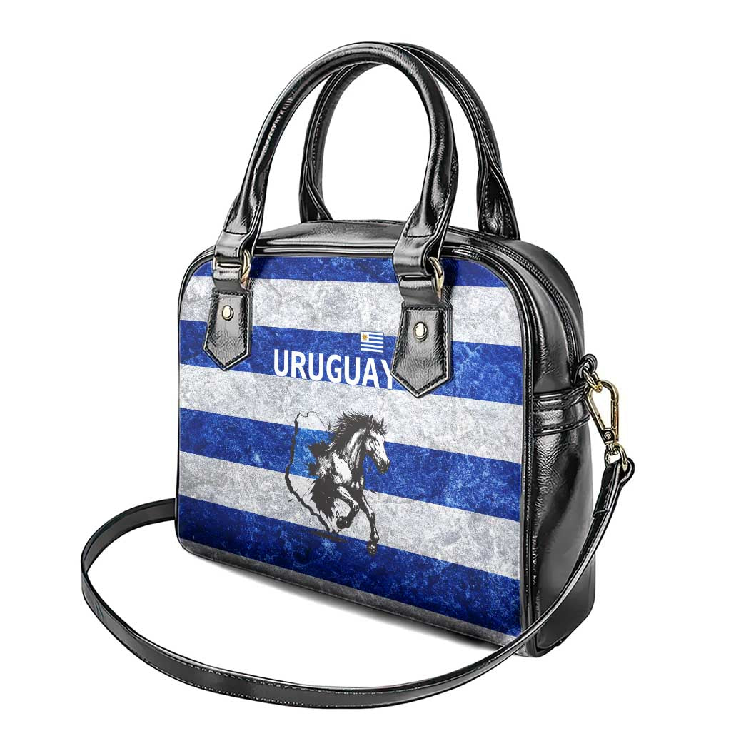 Uruguay Shoulder Handbag with Wild Horse Illustration Blue Gray Striped TS04