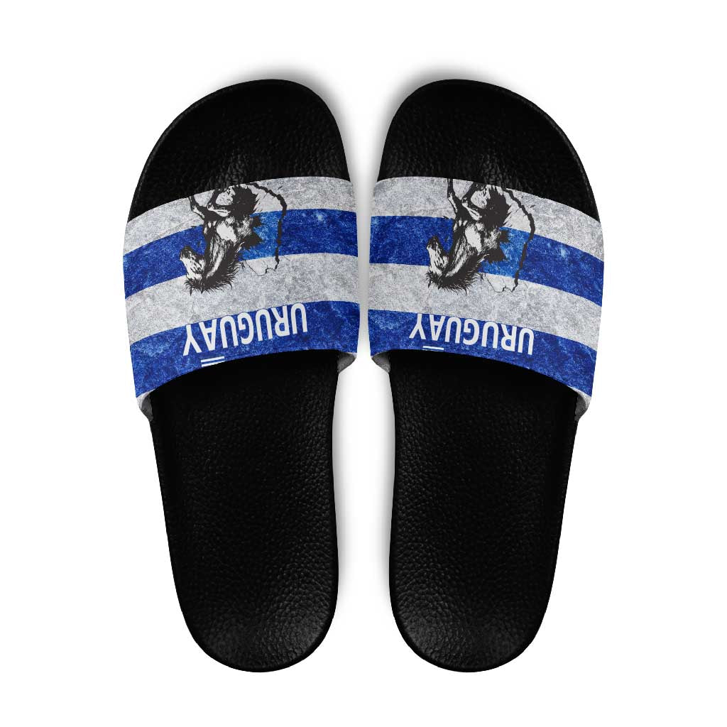Uruguay Slide Sandals with Wild Horse Illustration Blue Gray Striped TS04