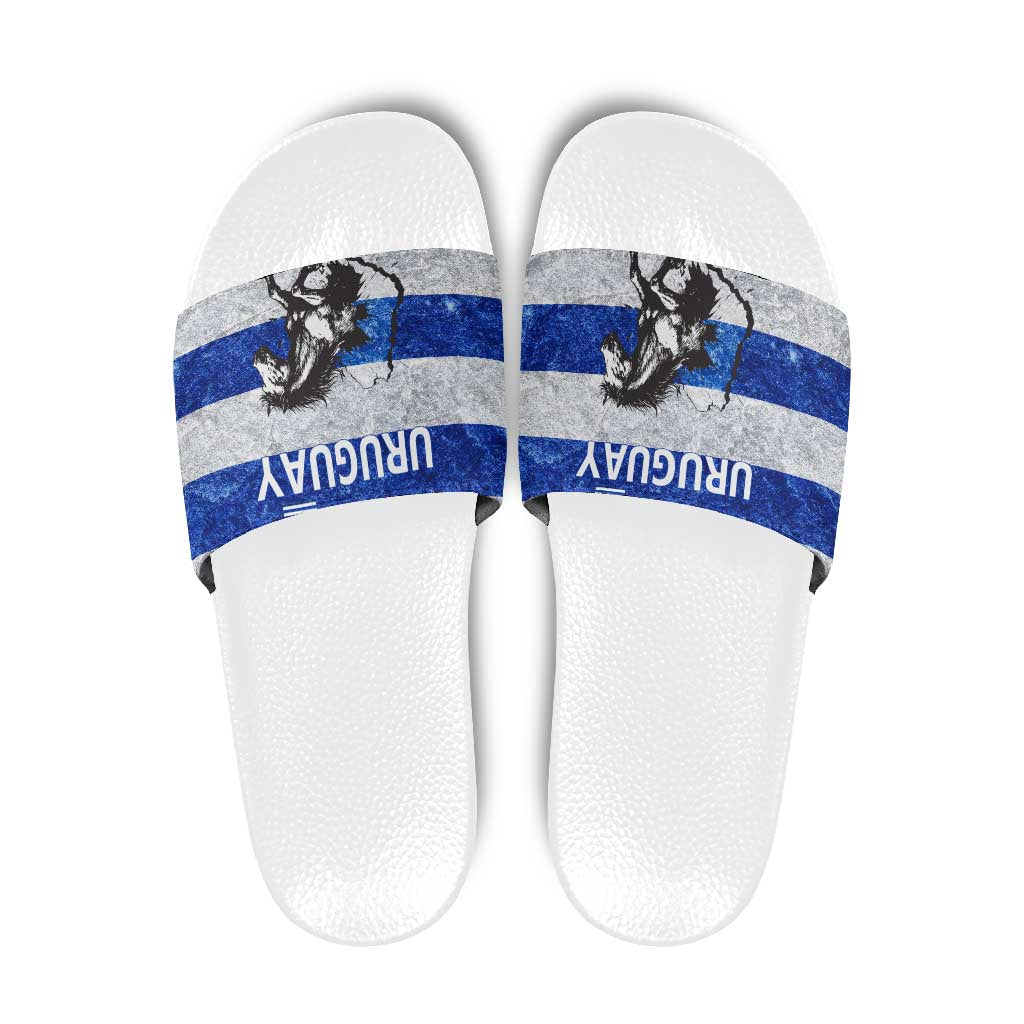 Uruguay Slide Sandals with Wild Horse Illustration Blue Gray Striped TS04