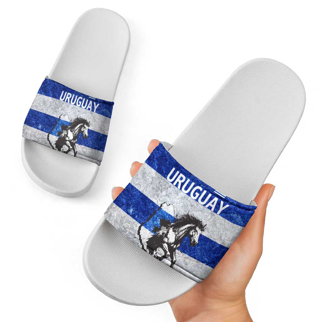 Uruguay Slide Sandals with Wild Horse Illustration Blue Gray Striped TS04
