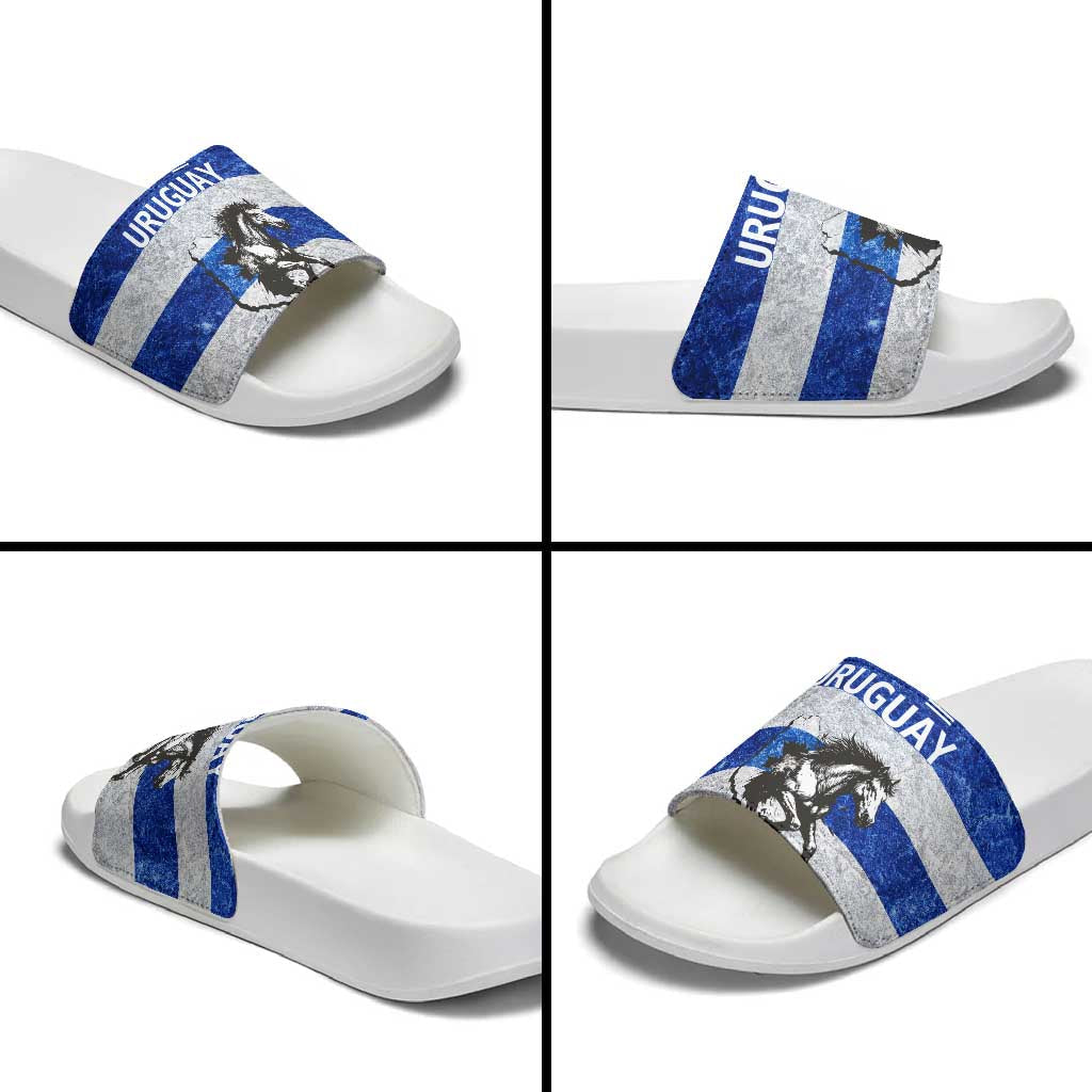 Uruguay Slide Sandals with Wild Horse Illustration Blue Gray Striped TS04