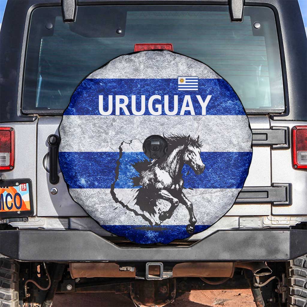 Uruguay Spare Tire Cover with Wild Horse Illustration Blue Gray Striped TS04