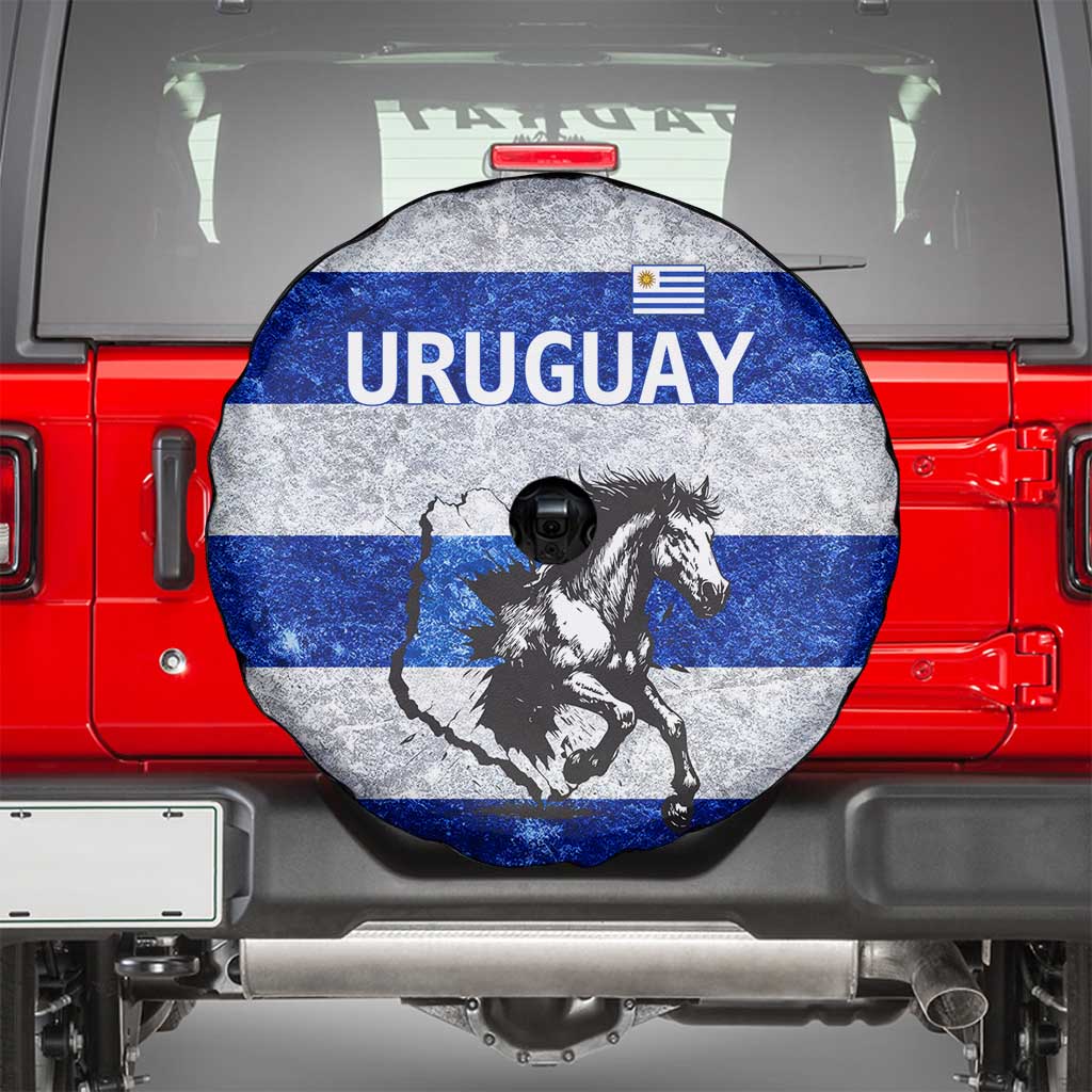 Uruguay Spare Tire Cover with Wild Horse Illustration Blue Gray Striped TS04