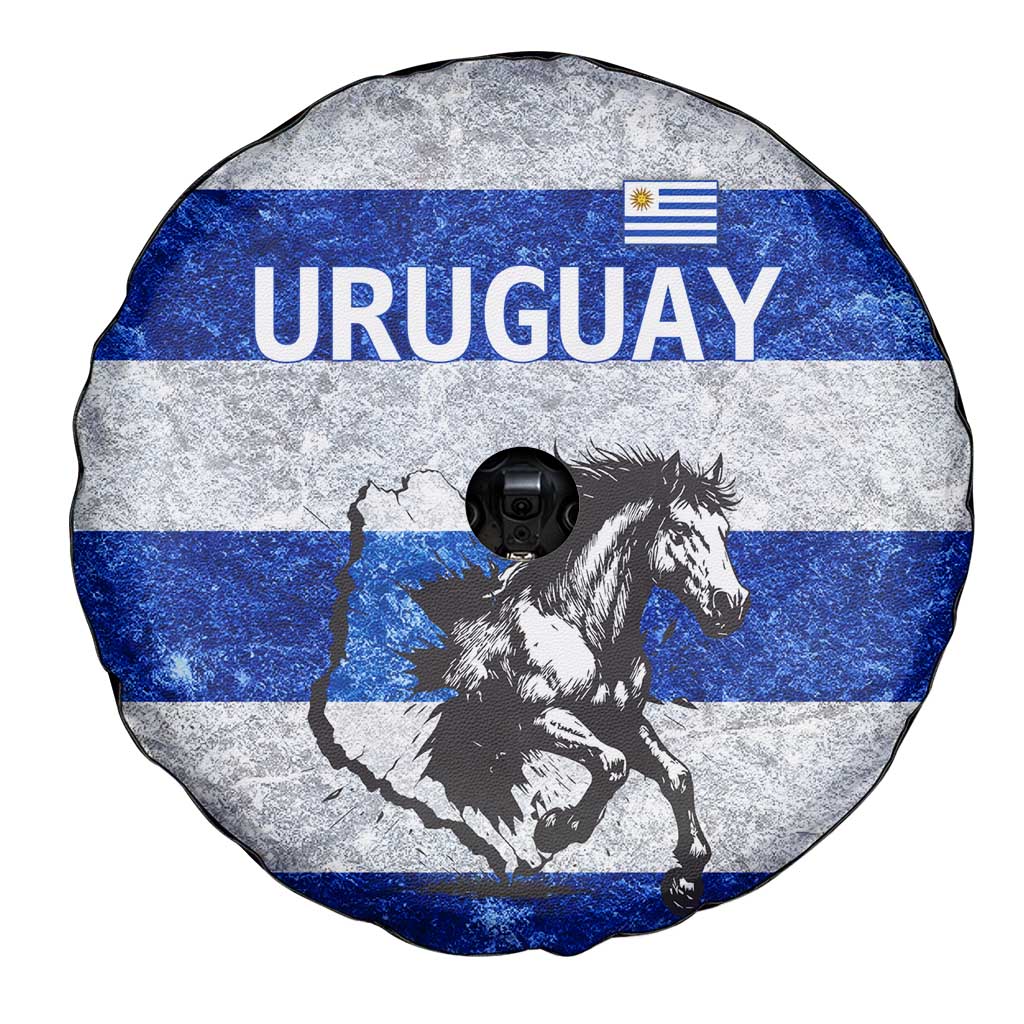 Uruguay Spare Tire Cover with Wild Horse Illustration Blue Gray Striped TS04