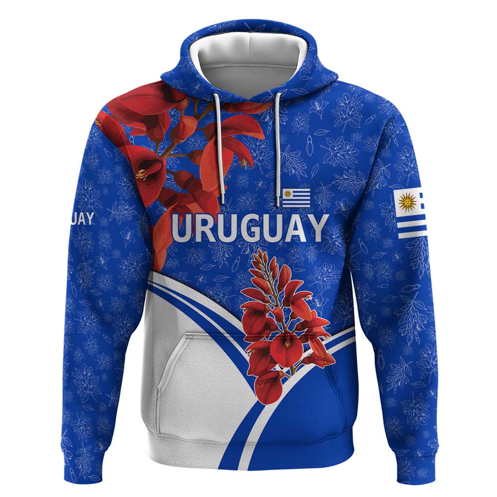 Uruguay Hoodie with Erythrina Flower Illustration Blue White Nature TS04